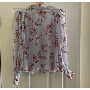 Express Blue Fall Floral Blouse Long Wide Sheer Sleeve Cuff Sz P XS Top Womens